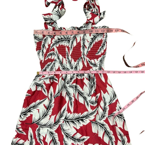 Daisy May Sz S Red Black White Leaf Print Smocked Bust Tiered Tie Midi D… - Picture 5 of 8